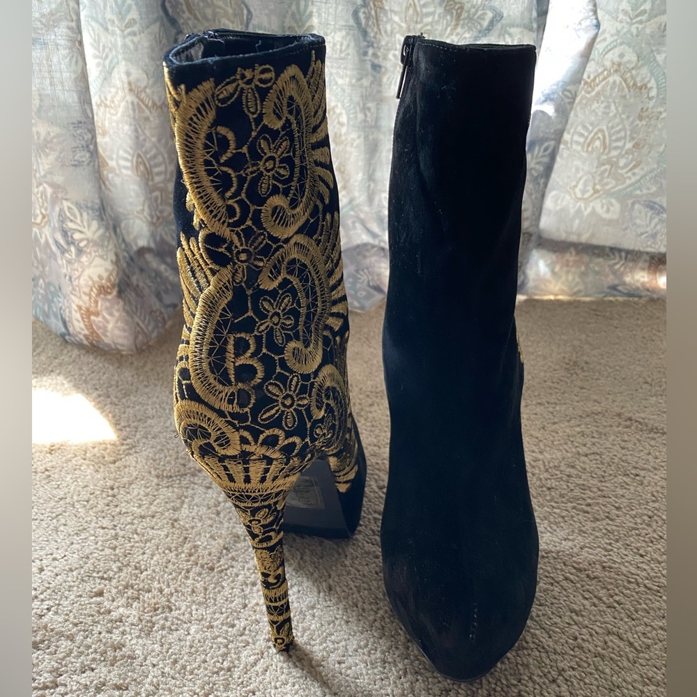 Heeled Black Faux-Suede with Gold Embroidery Booties - Picture 5 of 5